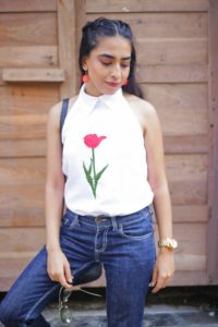 rose embroidery, floral embroidery, floral style, graphic tee, denim style, raw denims, halter top, white top, white shirt with denims, summer style, casual style