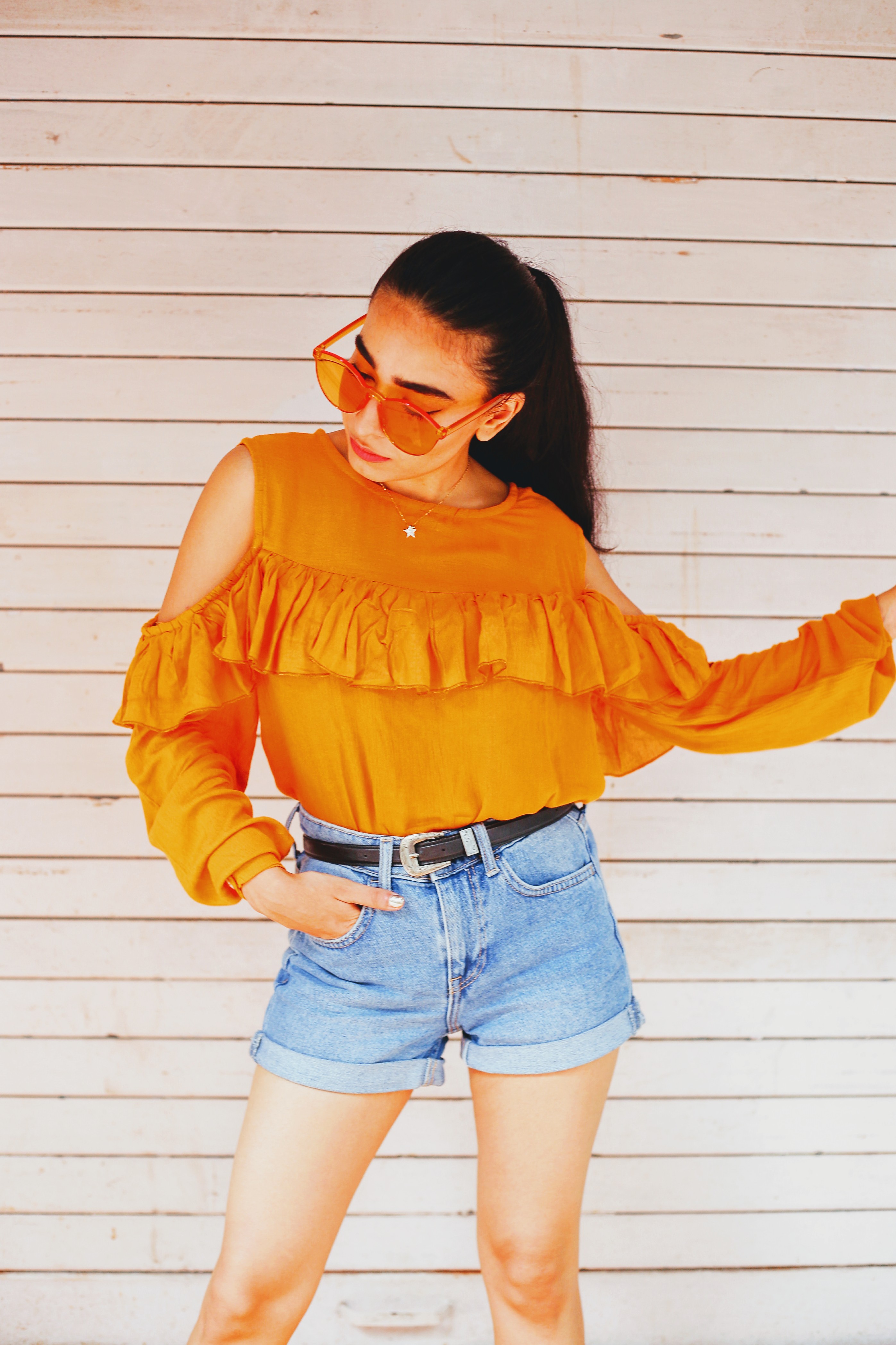candy sunglasses, yellow shades, yellow sunnies, bellofox sunglasses, yellow fever, mustard top, casual street style, indian fashion blogger, street style, denim shorts, shorts style, how to wear yellow