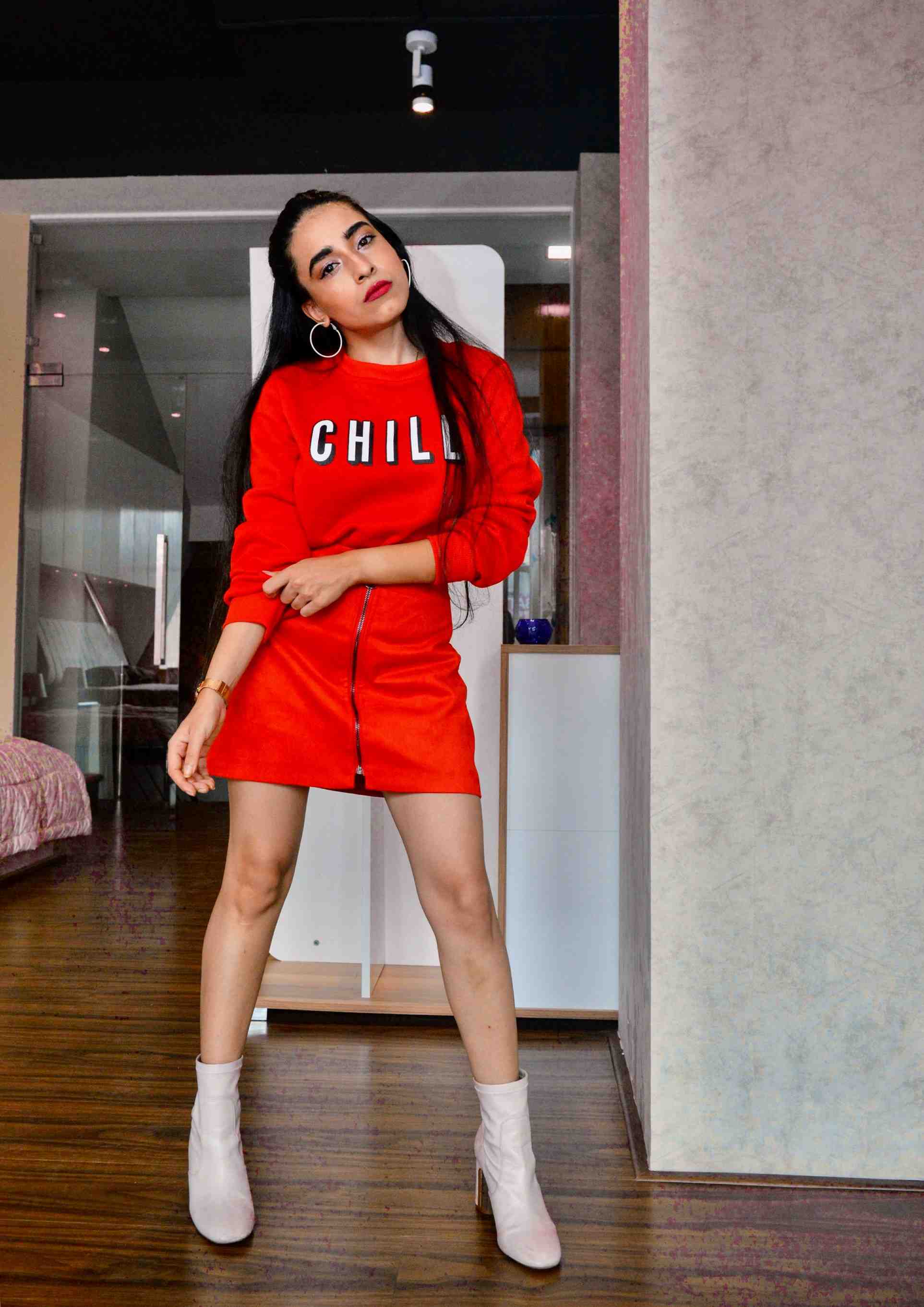 red on red, chill sweat, red jumper netflix and chill red skirt red leather skirt all red street style