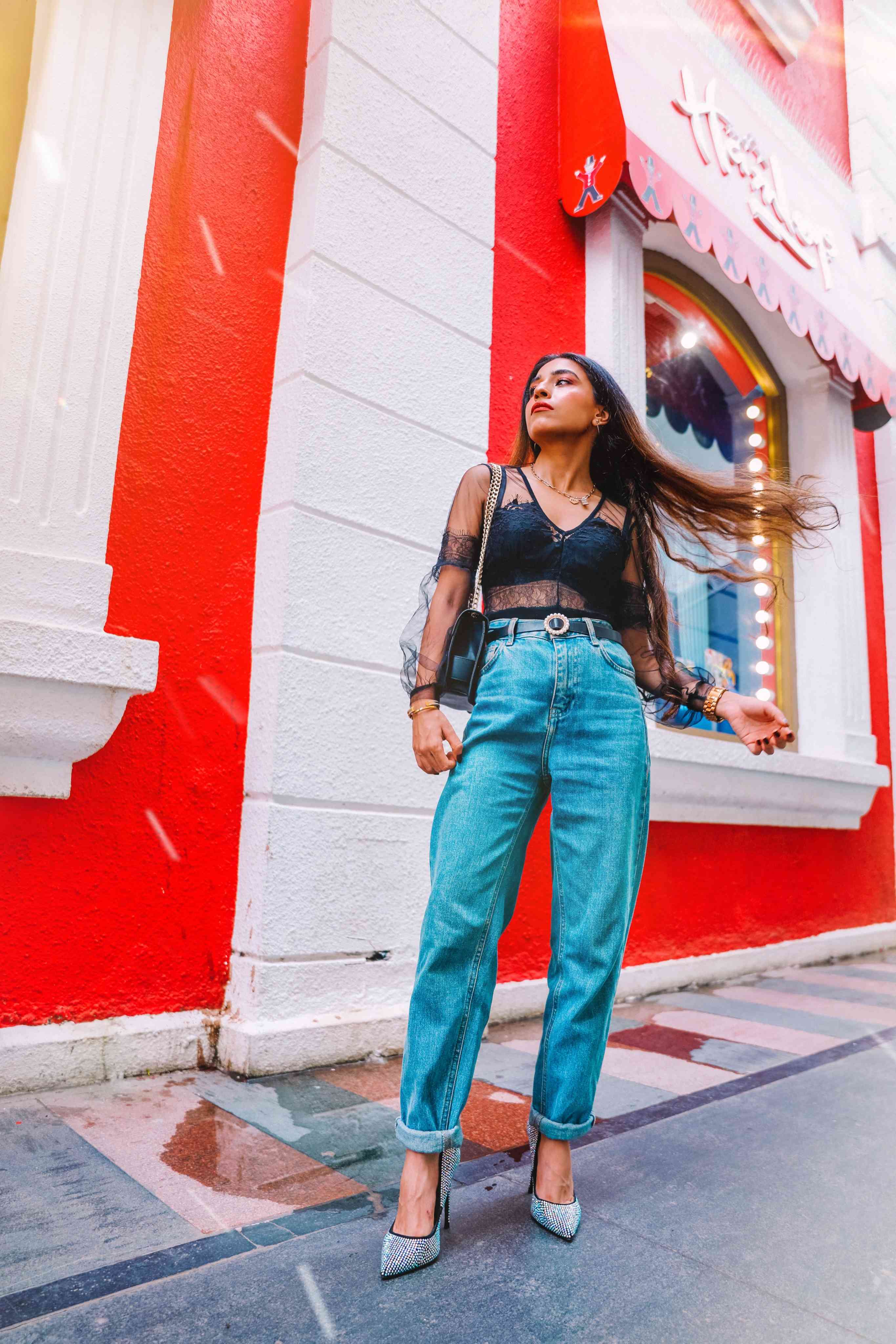 denims, blue denims, black lace bodysuit, black bodysuit, mom jeans, casual outfit, sexy outfit, outfit of the day, denim outfit, jeans look, how to wear mom jeans, boyfriend jeans, blogger outfit, streetstyle, indian blogger, neha menghwani, stylessential